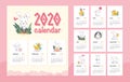 Vector 2020 baby calendar design template with cute white bunny animal character & little yellow duck walk, stand, sit.